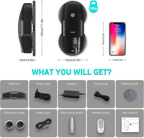 FMART T9 Window Cleaning Robot,Remote Control Robotic Window Cleaner,Auto Ultrasonic Spray Automatic Window Cleaner Robot,Include 12 Microfiber Cloths,for Indoor/Outdoor High Rise Windows/Ceilings